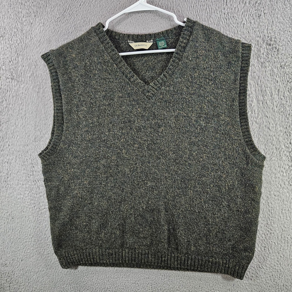 GH Bass Mens XL V-Neck Sweater Vest Dark Green Wool Blend Marl Made in USA